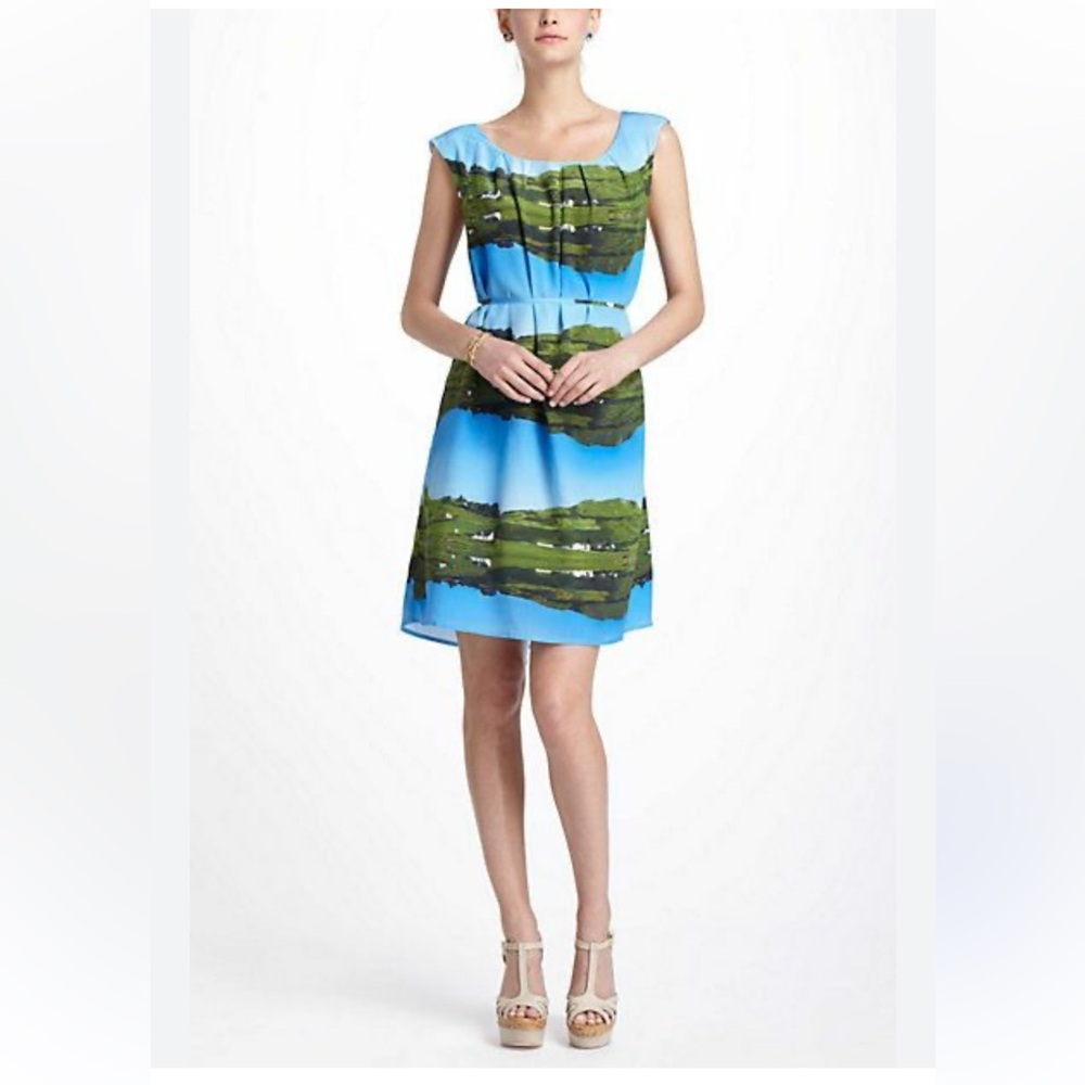 Anthropologie Cuillin Rural Landscape Silk Dress Blue & Green Printed Sz 8